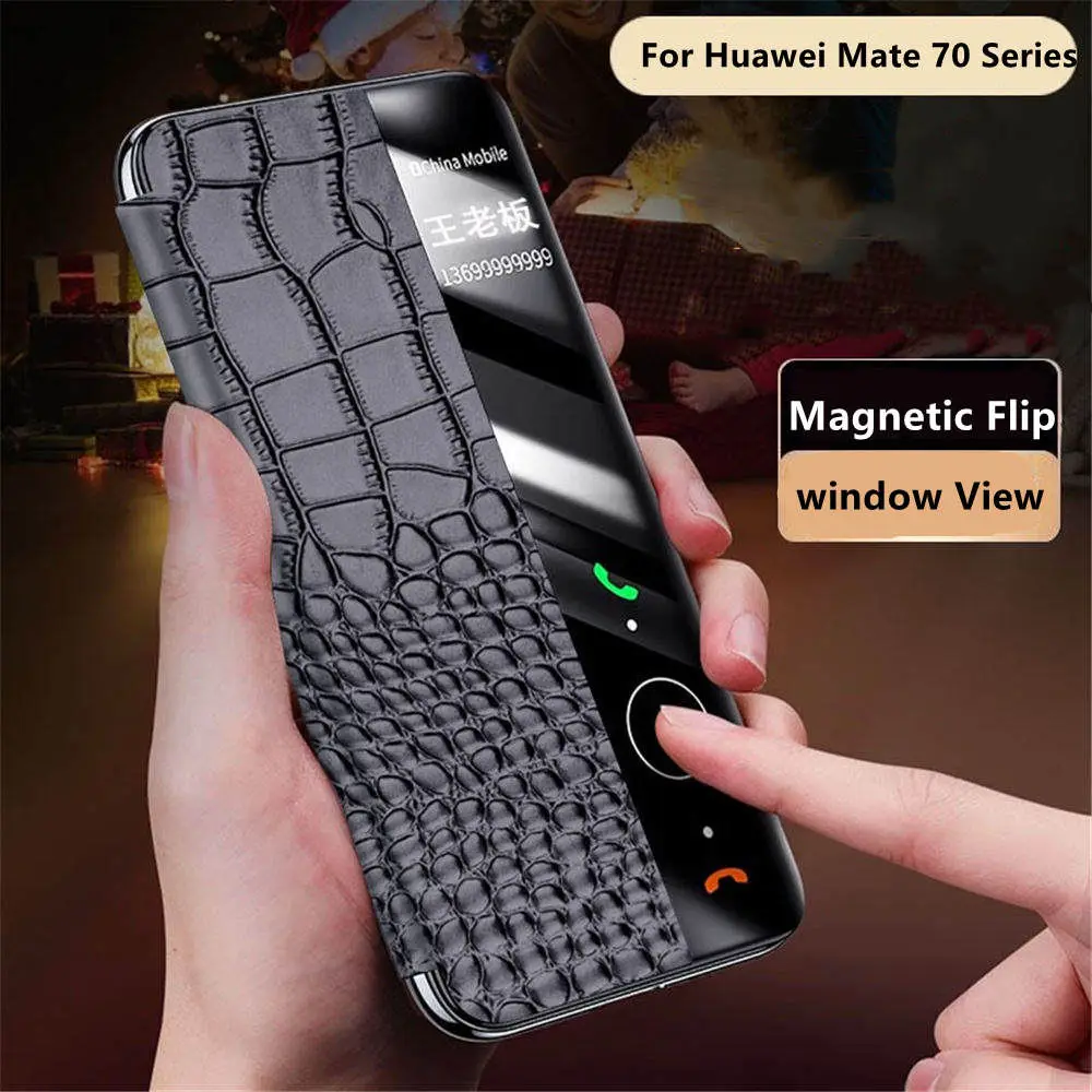 Premium Natural Cowhide Crocodile Flip Case for Huawei Mate 70 Pro 70 RS Window View Cover