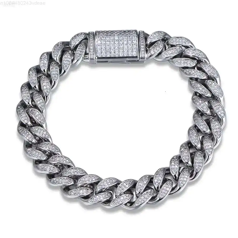 

Iced Out Cuban Link Bracelet Miami Brass Copper Cuban Chain Diamond 12mm Hip Hop Bracelets for Men