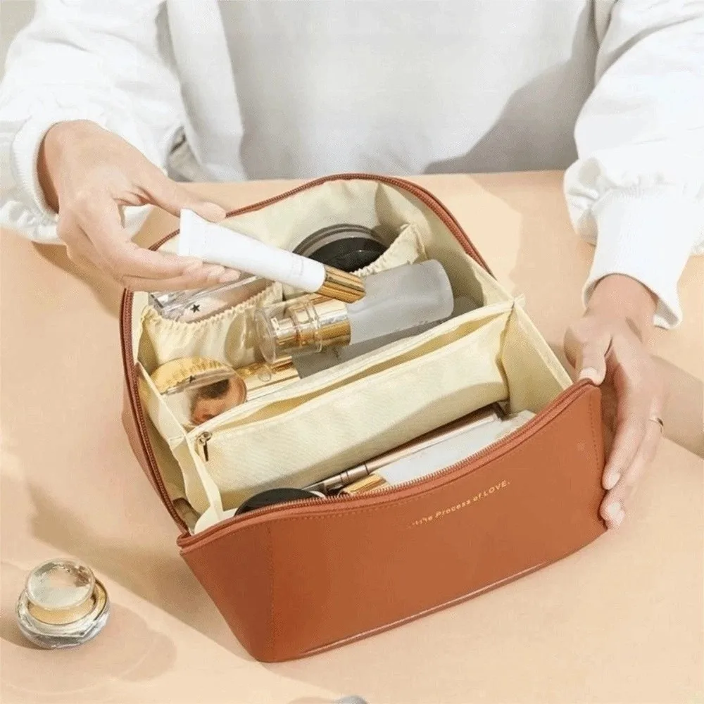 Large Capacity Handheld Cosmetic Case PU Leather Portable Pillow Makeup Bag Multifunction Waterproof Travel Toiletry Bag Outdoor