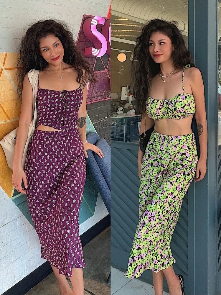 

DuanStyle Original Romantic Floral Adjustable Tie Strap Tube Top Slim Fit Skirt Purple Green Women's Fashion Set Spring ...