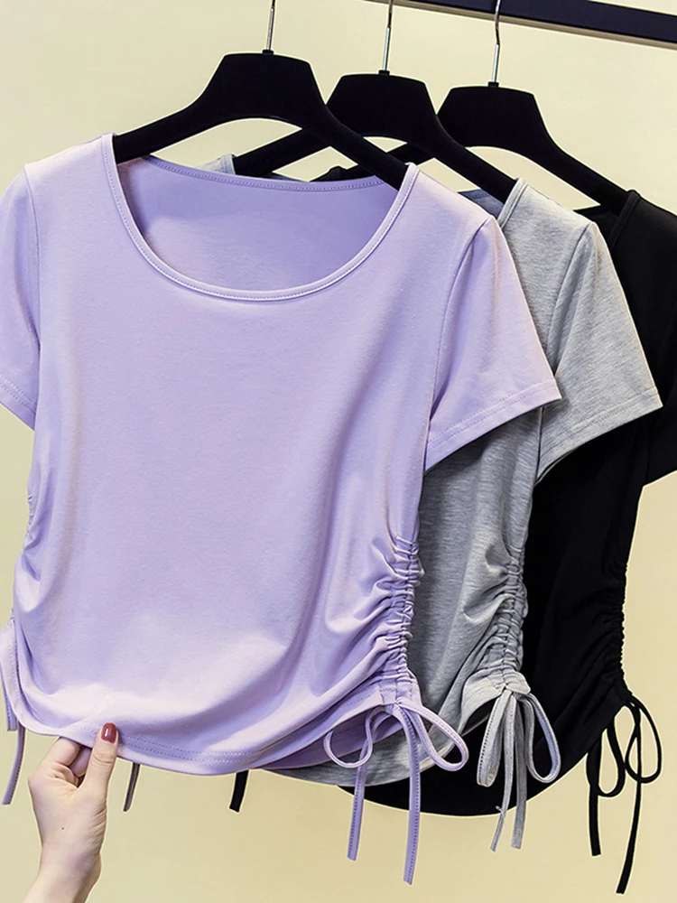 

2023 Summer New Drawstring Top Round Neck Short Sleeve T-shirt