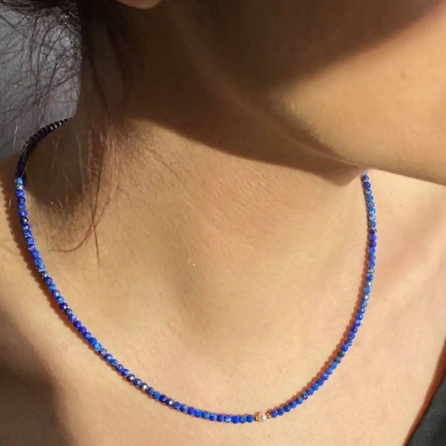 

Handmade Genuine Lapis Lazuli Faceted Beaded Choker with Pearl Accent Fashion Jewelry Gift for Her