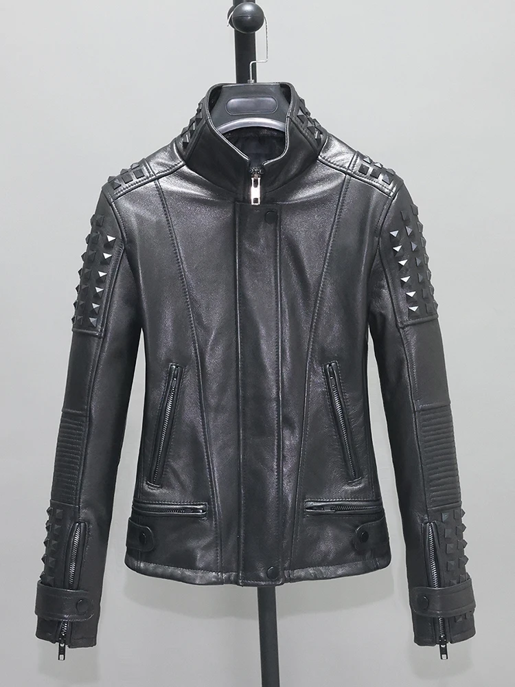 カジュアルパンクスタイルレザージャケット レディース スリムフィット スタンドカラー リベット装飾 ユース バイクジャケット ソフトゴートスキン