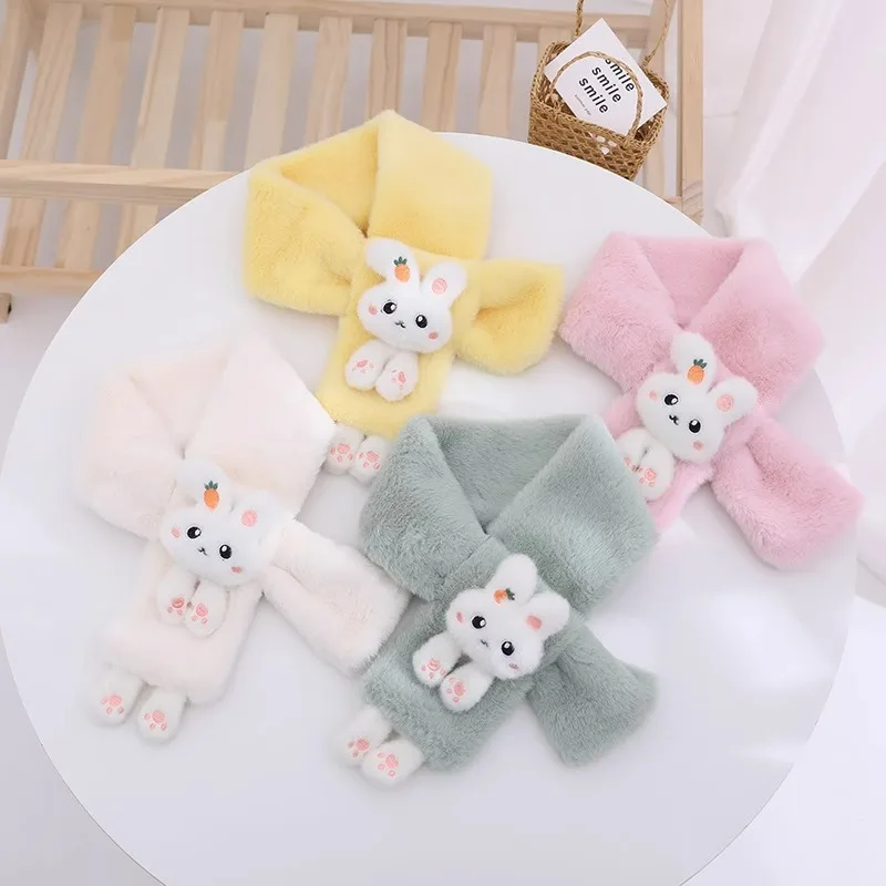 Boys Girls Winter Scarfs Thick Plush Cross Children\'s Scarf Baby Bib Cute Cartoon Rabbit Faux Fur Neck Protection Warm Shawl