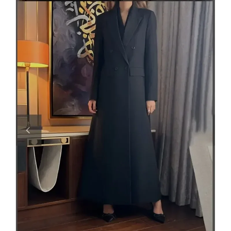 Black Peak Lapel Women Blazer Summer Fashion Double Breasted Long Coat Outerwear Classic Daily Casual Office Jacket Only 1 Piece