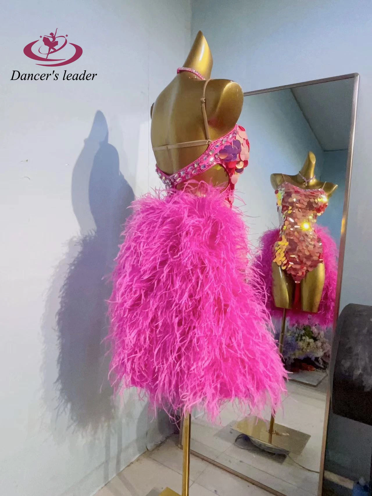 라틴 댄스 국제 무대 여성 하이 엔드 맞춤형 핑크 빅 플러피 삼바 라인 석 공연 의상 드레스