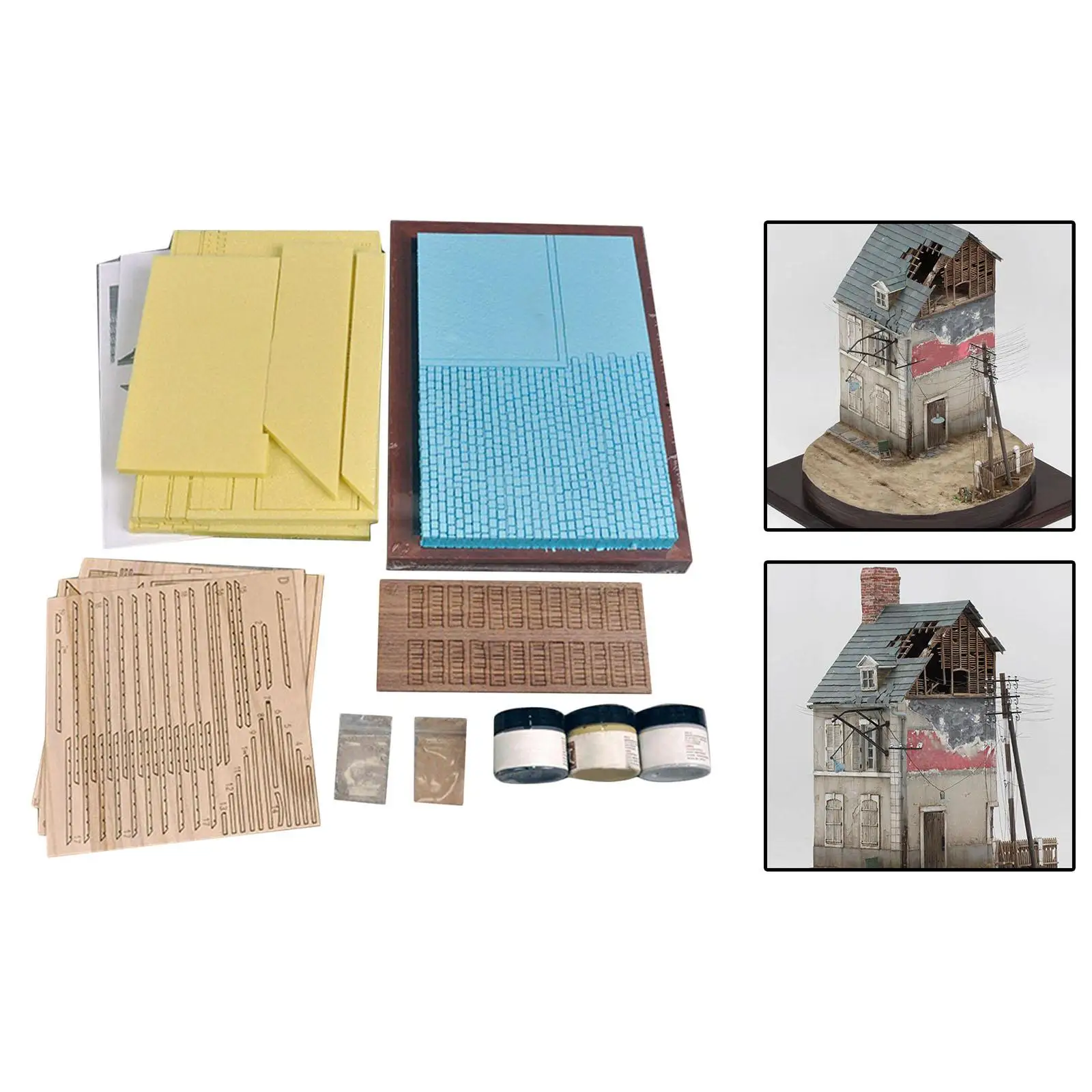 Wooden 1/35 Building Model Kits Ruins Puzzles Handmade Diorama with Color Scenery Layout Miniature