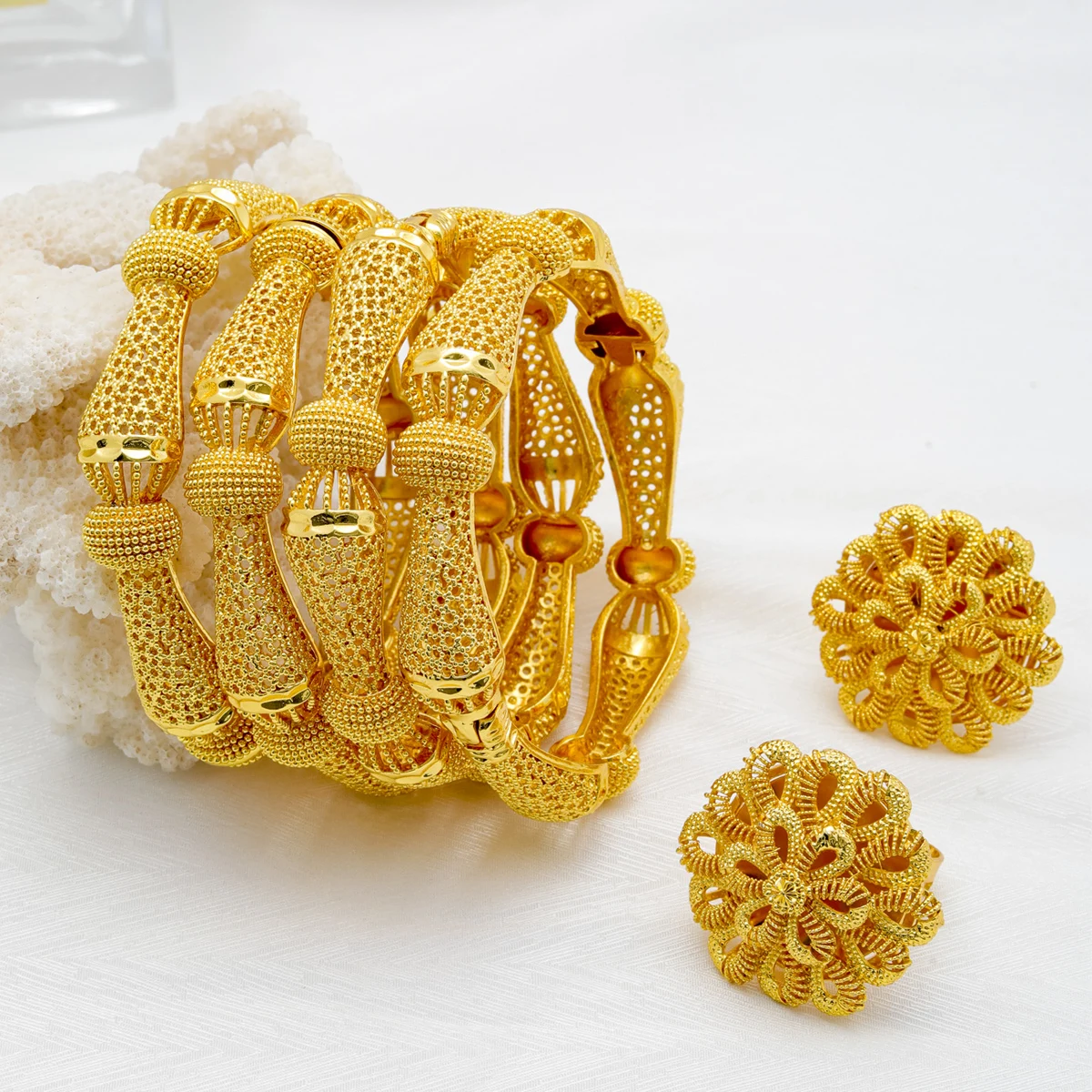 Liffly Dubai Gold Color Bangle Indian Wedding Bracelet Ring Set for Women African Moroccan Ethiopian Bridal Charm Jewelry