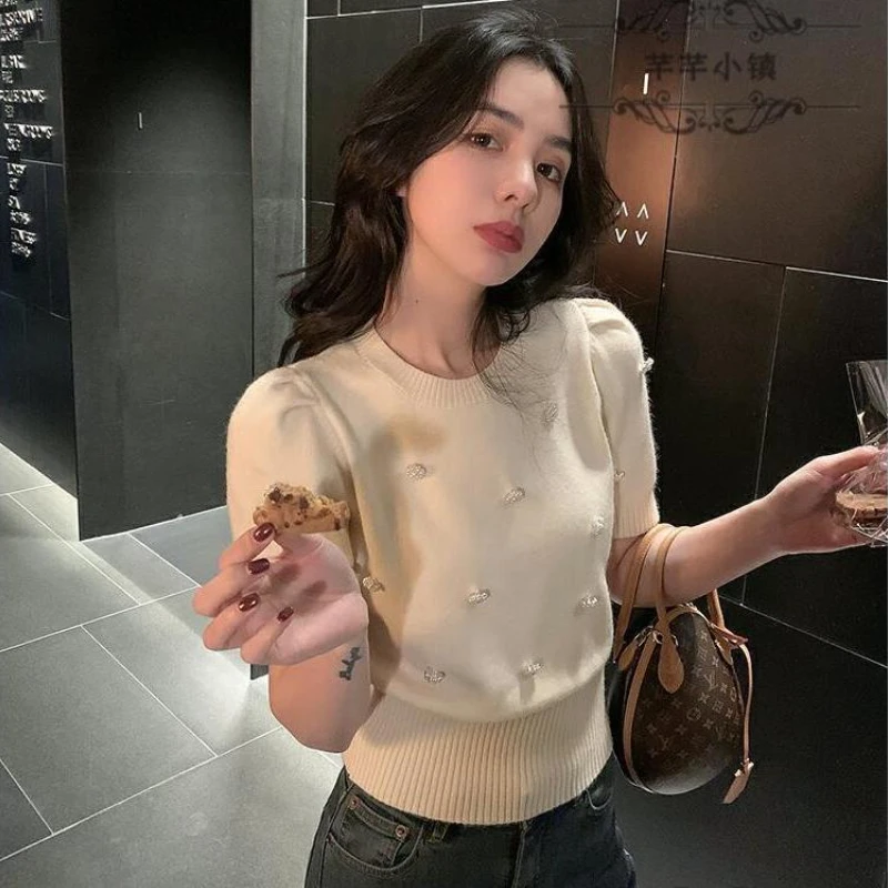 Short-sleeve T-shirts Women Leisure Sweet Knitwear Students Streetwear Temper Designed Chic Ins Cozy Elegant Y2k Tops Harajuku