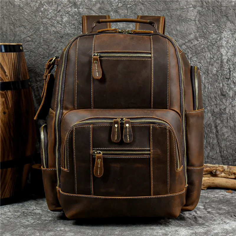 Vintage Genuine Leather Backpack Crazy Horse Daypack Travel Bag Outdoor Back Bag Luxury Fashion Waterproof Bag