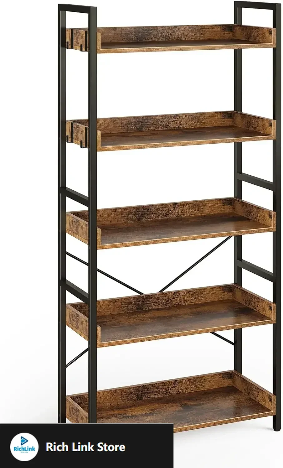 

Bookshelf 5 Tier with 4 Hooks, Industrial Wood Bookcase, Vintage Storage Rack with Open Shelves, Rustic Standing Bookshelves