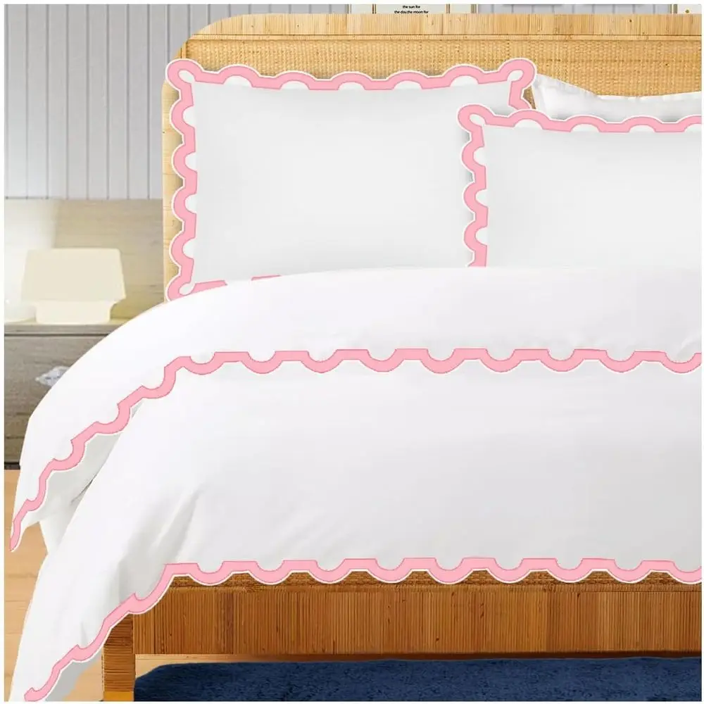 

Пододеяльник и наволочки из хлопкового сатина с аппликацией и вышивкой, 400 нитей, белый и светло-розовый, размер Queen 88x88 и наволочки 20x30