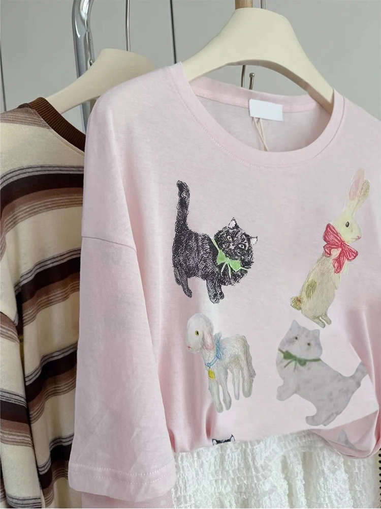 Coréen Sle Doux Amusant Imprimé Décontracté Or Sve T-shirt Lâche D'été Design Haut Tendance pour Hommes et Femmes