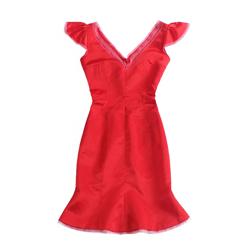 

Retro Temperament Red Fishtail Dress Birthday Party Dress V-neck Slim Fit Waist Bag Hip Ruffle Edge Dress