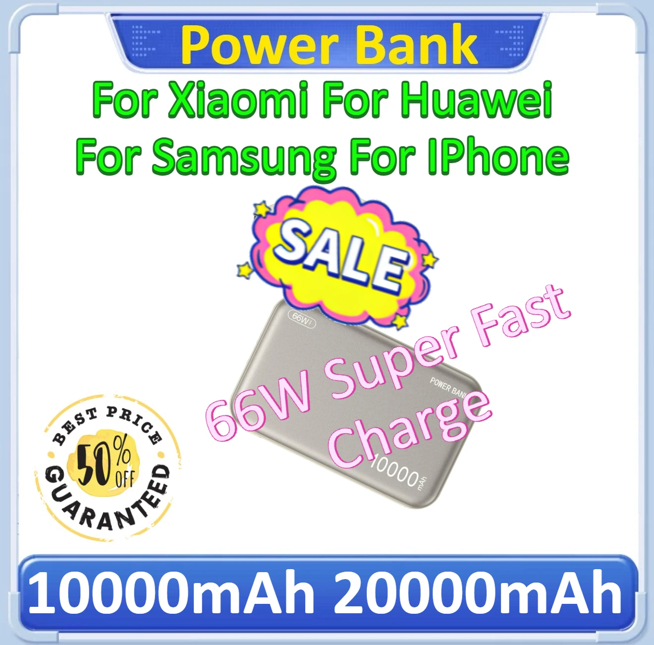 

10000 мАч 20000 мАч Power Bank для Xiaomi, Huawei, Samsung, IPhone с кабелем 66 Вт, супер быстрая зарядка