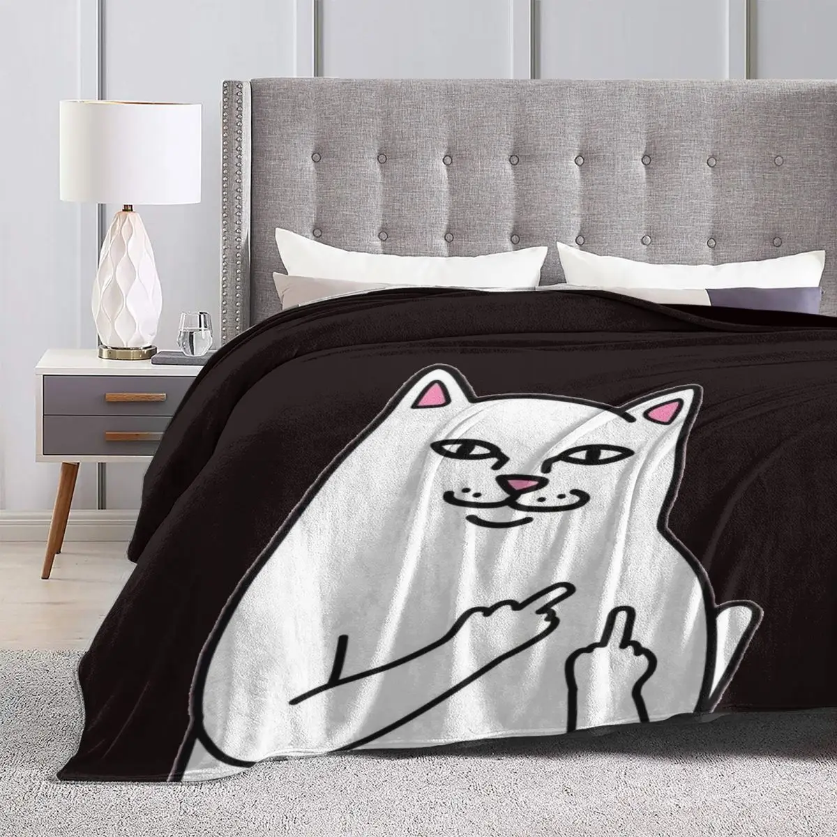 Cartoon Cat Flannel Blankets Middle Finger Super Warm Throw Blanket for Couch Chair Travelling Printed Bedspread Sofa Bed Cover