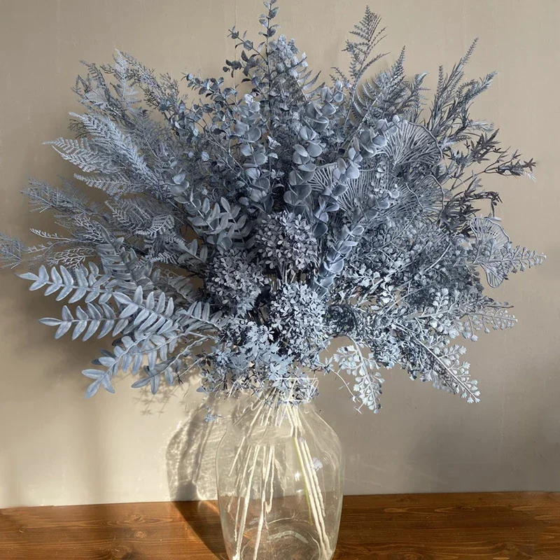 Haze Blue Artificial Eucalyptus Leaf Plants Wedding Floral Arrangements Materials Christmas Party Table Decor Fake Rose Flowers