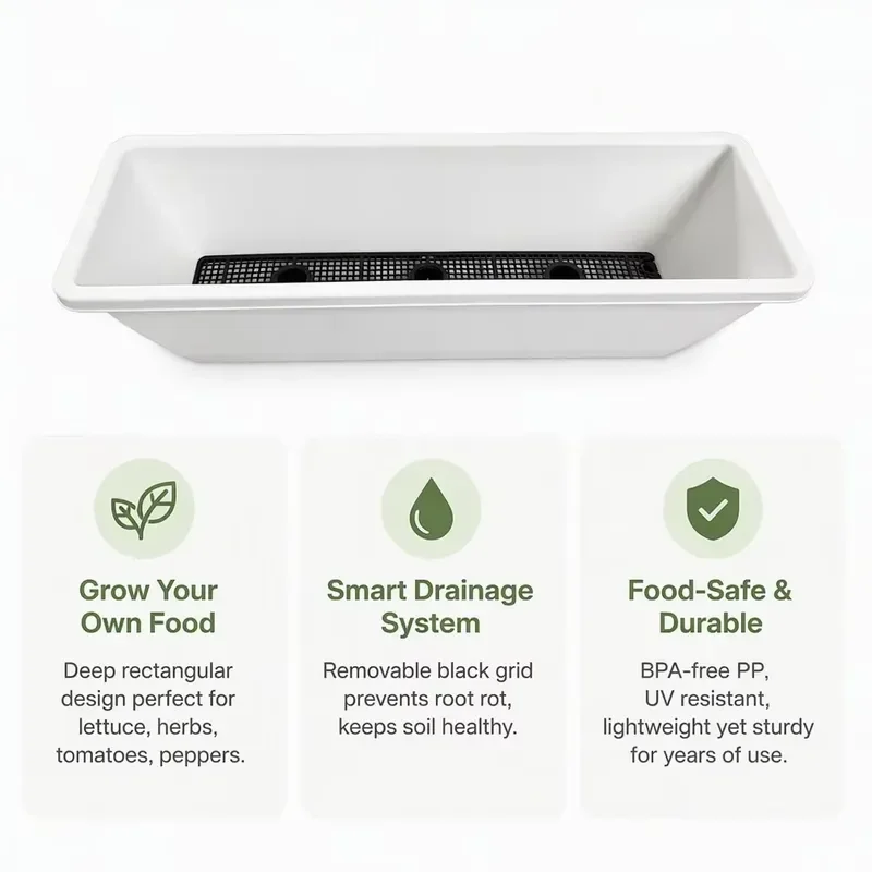 White Rectangular Plastic Flower Pot with Drainage Hole for Window Sill Balcony Garden Indoor Outdoor Vegetables Herbs