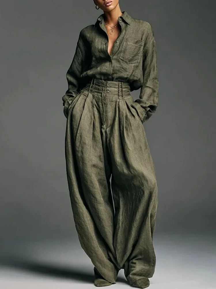 

BKQU Vintage Loose Shirts & Pants Sets Women Commute Long Sleeve Lapel Button Tops Wide Leg Trouser 2 Piece Casual Street Outfit