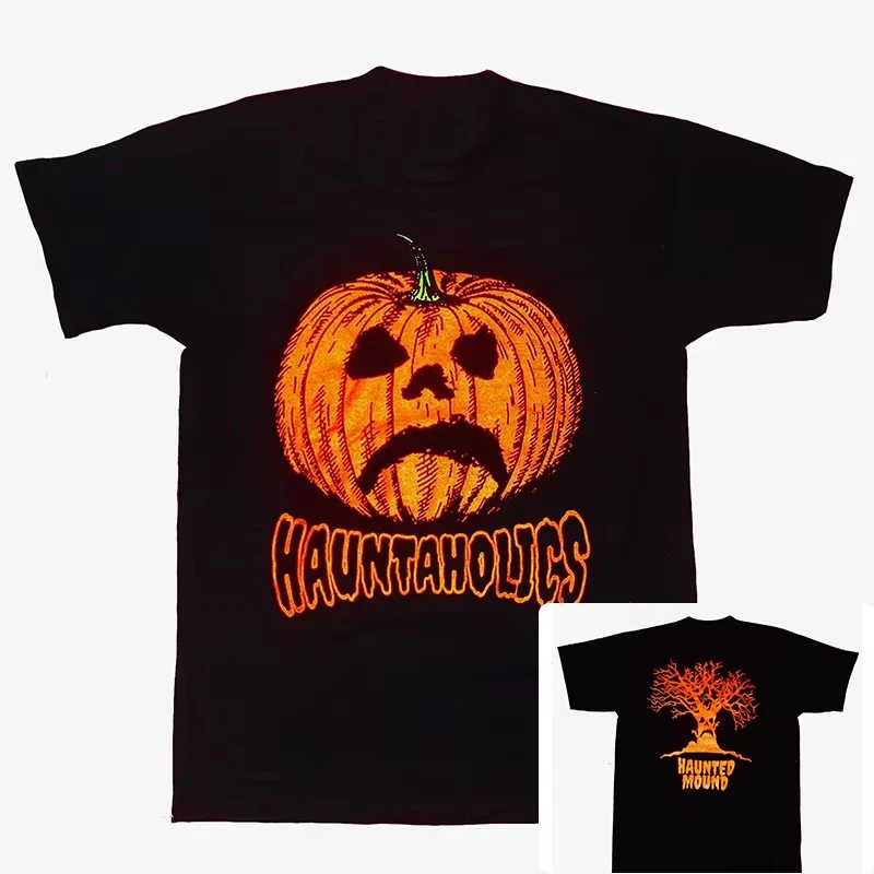 Haunted Mound Spooky Tree Pumpkin Print T-Shirt Men Gothic Streetwear Short Sleeve Horror Rap Fan Tees Cemetery Graphic Tops