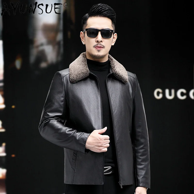 

Winter Men's Leather Jacket Detachable Lambswool Collar and White Duck Down Linner Cowhide Jackets for Men FCY4788