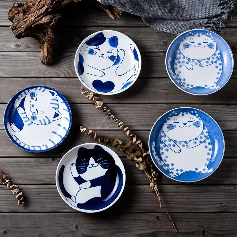 

Japanese Style Ceramic Dessert Sauce Dish Tableware Creative Cute Cartoon Lucky Cat Pattern Water Drop Shape Fruit Sushi Plates