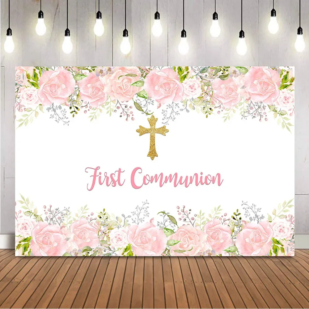 First Holy Communion Birthday Backdrop Pink Watercolor Flowers Girls Baby Shower Party Decoration Supplies Dessert Table Banner