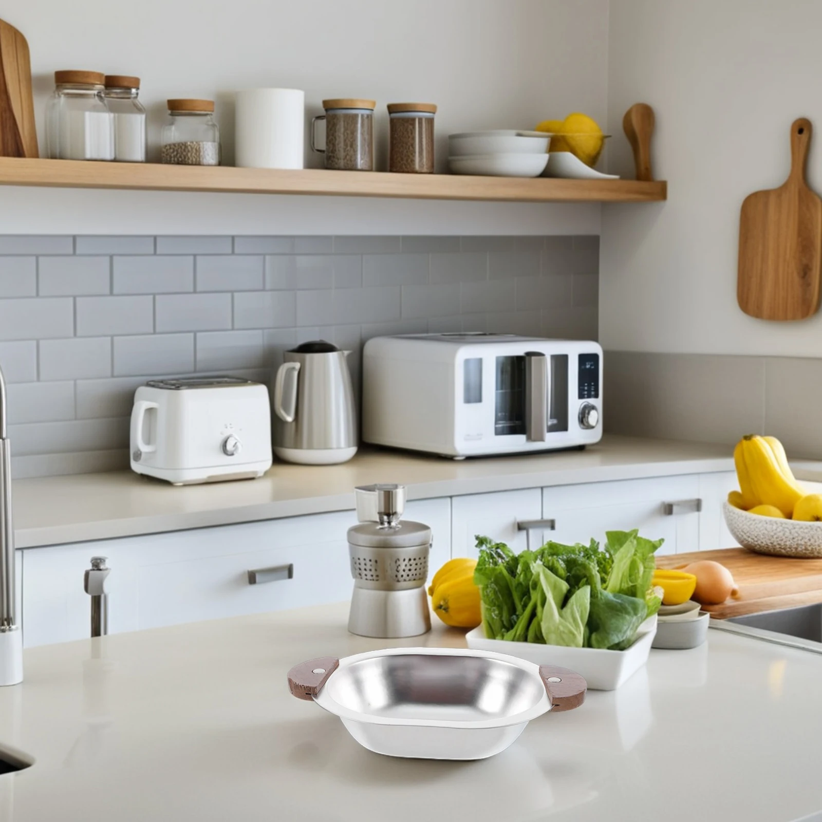 

Korean Stainless Steel Serving Bowl Oval Dual Handles Wood Accent for Salad Dessert Fruit Asian Kitchenware Wood Serving Bowl