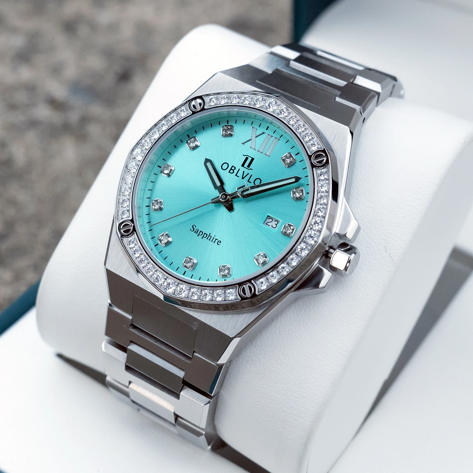 

OBLVLO Men's Luxury Stainless Steel Blue Dial Bracelet Quartz Watch With Date Octogon Diamonds Bezel Business Watches for Men AW