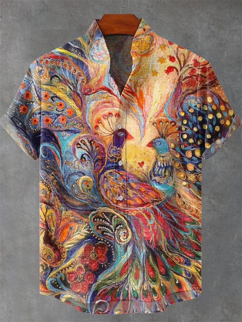 

Мужская льняная рубашка с 3D принтом павлина, пляжная праздничная рубашка на пуговицах, рубашка с коротким рукавом, повседневная рубашка, забавная рубашка
