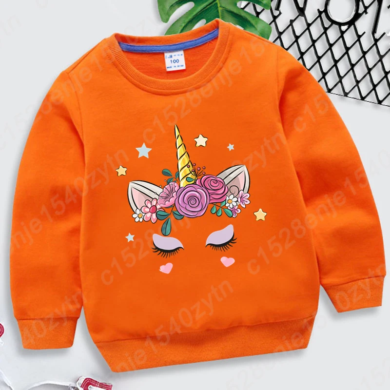 Flower Unicorn Face Print Hoodless Sweatshirts For Children Autumn Winter Kids Casual Solid Color Boys Girls Crew Neck Pullovers