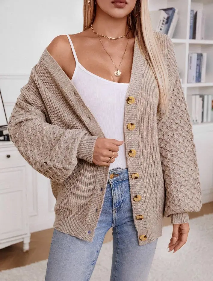 

Women's Sweater Winter Solid Color Knit Cardigan Vintage Loose Fit Crochet Long Sleeve Coat Casual Button Front Sweater Top