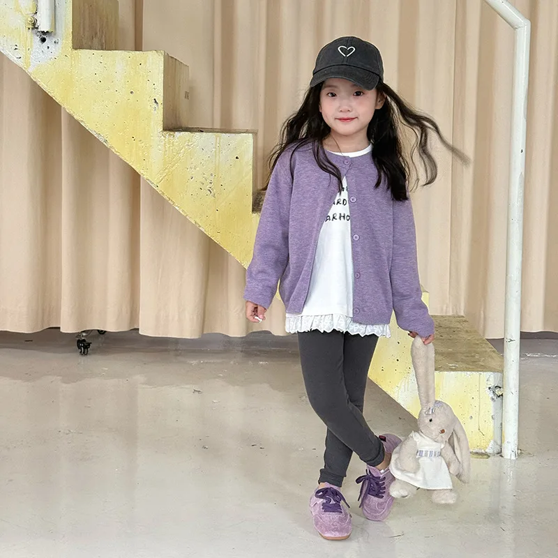 Children's knitted cardigan letter jacket 2025 autumn new girls Korean version solid color single-breasted sweater