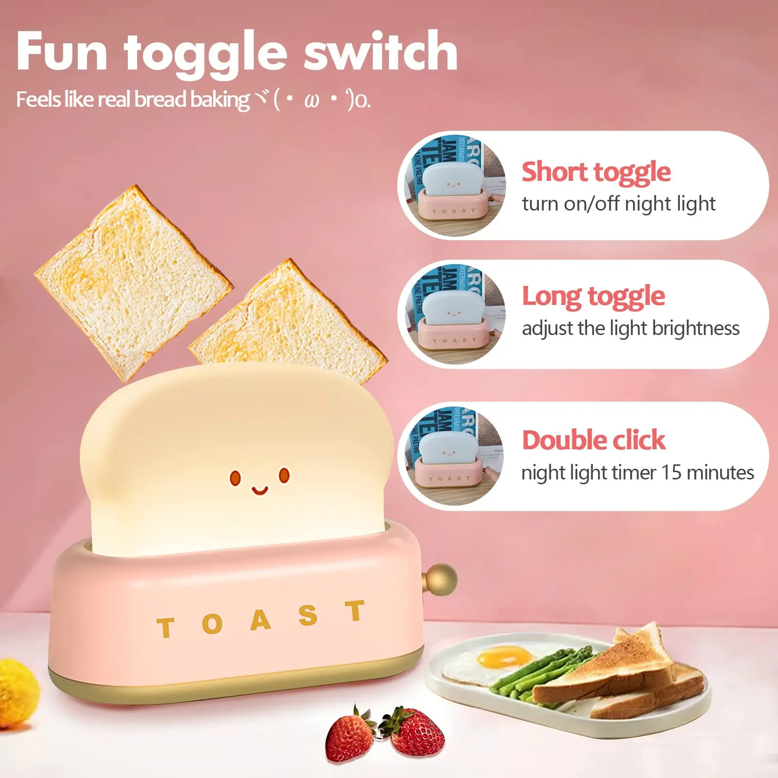 Toaster Bread LED Night Light USB Rechargeable Cute Small Bedside Table Lamp for Room Desk Decor Children Kids Gifts Nightlight