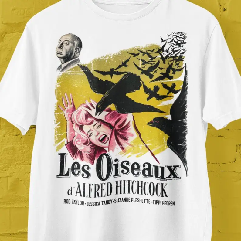 The Birds T Shirt, The Birds (Les Oiseaux) French Movie Poster T Shirt, Alfred Hitchcock Lovers Fan Favorite, Hitchcock Fan Gift