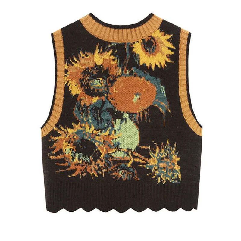 MEXZT Vintage Sweater Vests Women Harajuku Print Knitted Sleeveless Waistcoat Korean Cropped V Neck Bandage Knitwear Tank Top