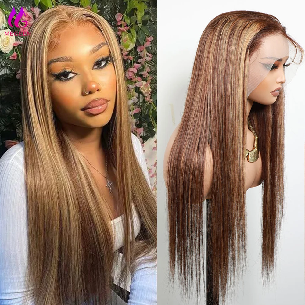 

Megeen Pre Plucked Honey Blonde 100% Human Hair Highlight P4/27 Colored Straight 13X4 Lace Frontal Wig Human Hair Lace Front Wig