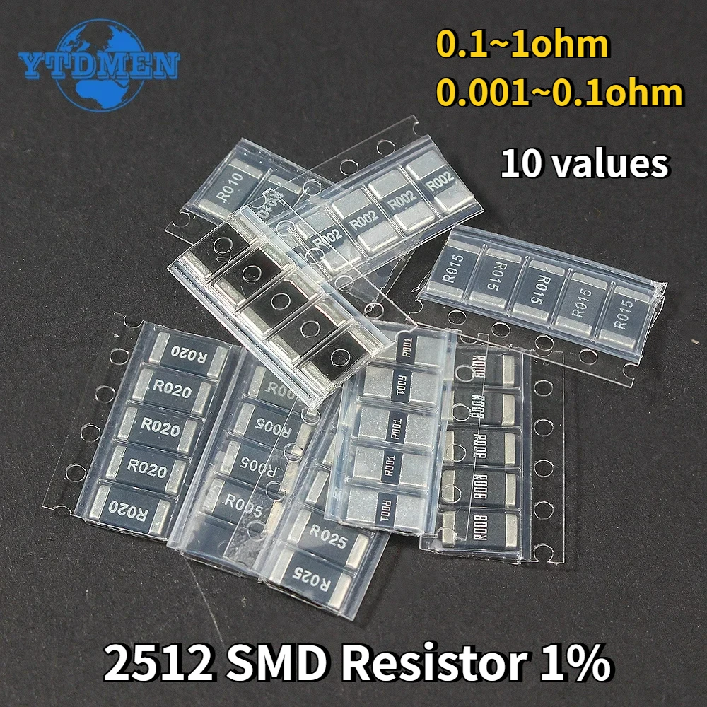 50pcs 2512 SMD Resistor Kit 1% 0.1R-1R, 0.001R ~ 0.1R Alloy Resistance Assorted Kit R001 R002 R005 R008 R010 R050 R100 R200 R500