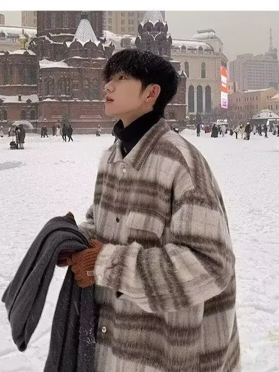 الرجال معطف الصوف منقوشة الخريف الشتاء خمر بدوره إلى أسفل طوق الكورية Sle العصرية سترة واقية Jaet الدافئة الباردة واقية طويلة Sl...