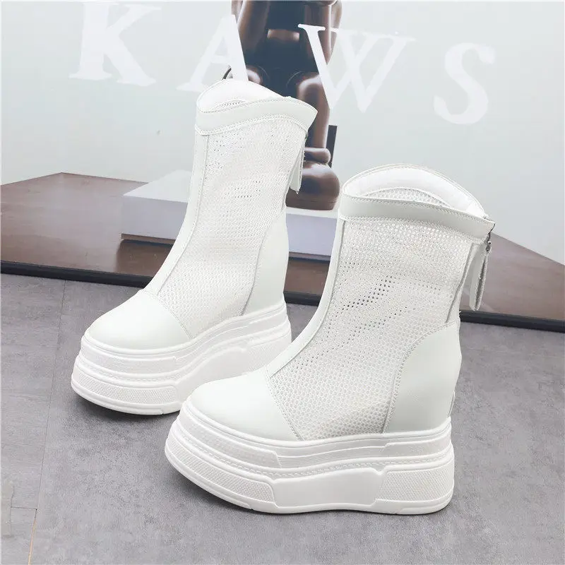 12CM Invisible Height Increasing Sandal Boots Women's Summer Mesh Cutout Shoes 12CM Thick Sole Casual Footwear  Heeled Sandals