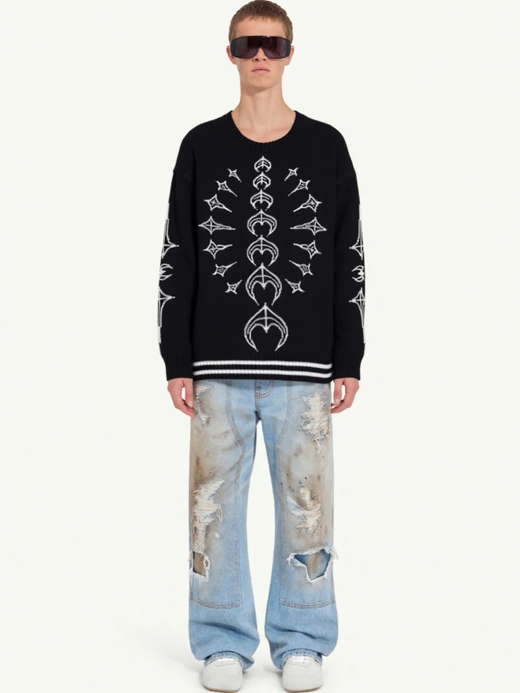 

Свободный вязаный худи-свитшот с цветными блоками, теплый, из хлопка и полиэстера, для молодежи, повседневная одежда, осень-зима, HA7MS THUG, логотип Star Moon