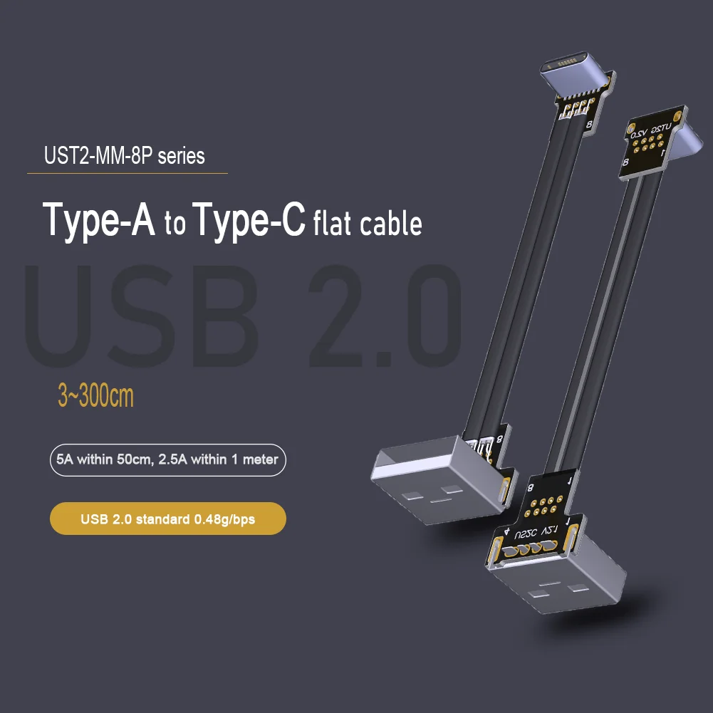 5A USB 2.0 Type a to Type C Extension Cable 90 Fold Slim Flat Flexible Charge Shield FPV Ribbon Cable 480Mbps