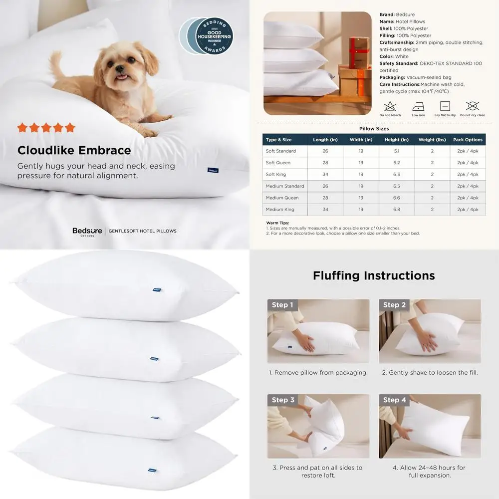 

Set of 4 Premium Down-Alternative Pillows - Medium Support for Side and Back Sleepers