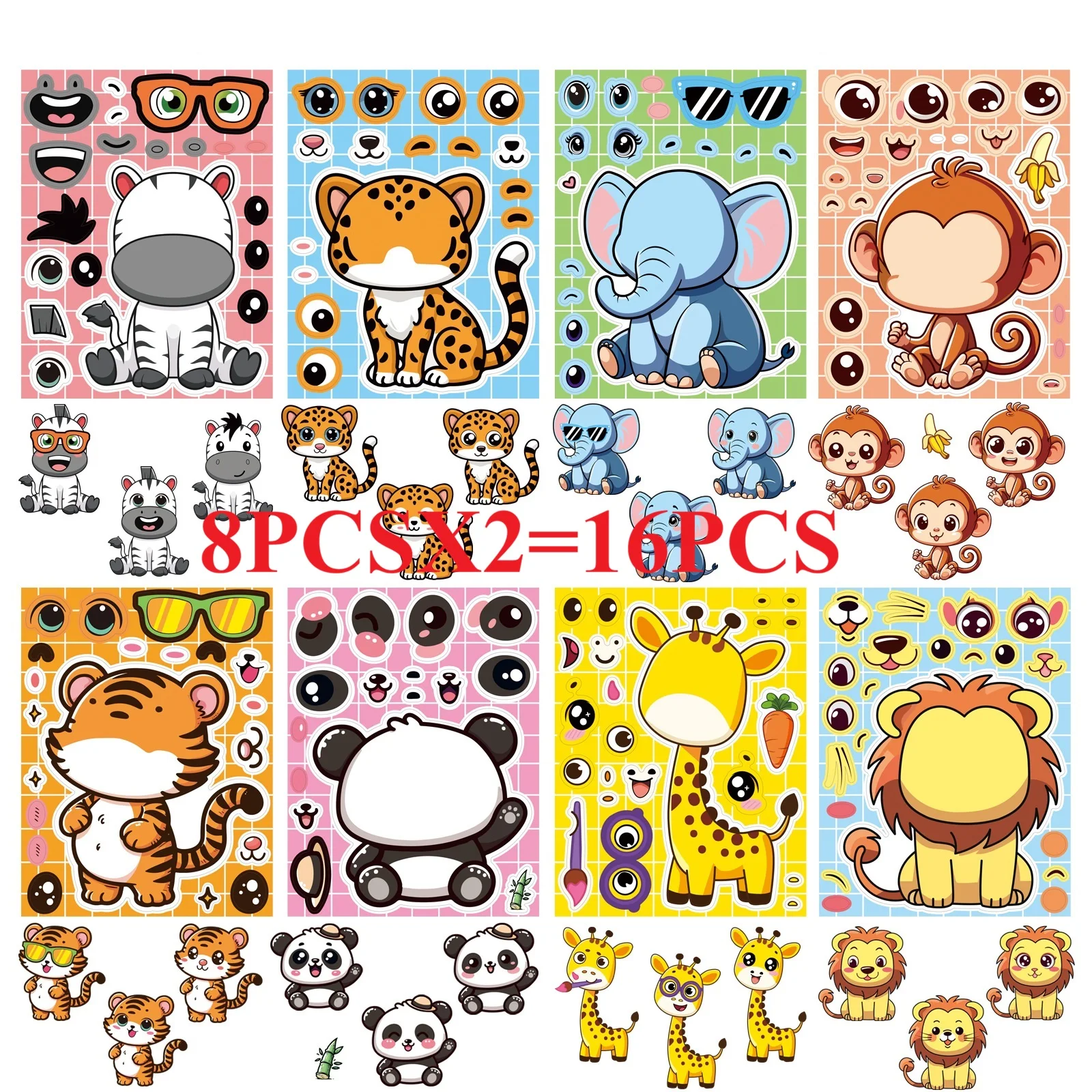 8/16/24PCS Cartoon Animal Puzzle Stickers Make a Face Cartoon Decals Stationery Notebook Phone Laptop Decoration Stickers image 5