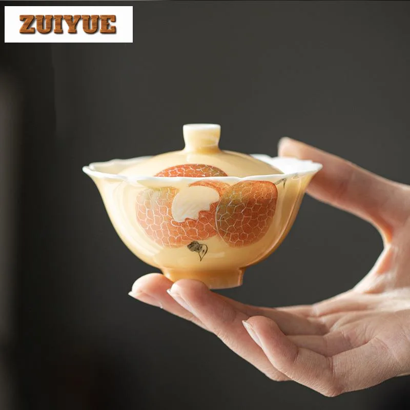 120ml Apricot Yellow Cover Bowl Hand Painted Lychee Bowl Anti Scald Gaiwan Elegant Tea Tureen Tea Cup Chinese Tea Set Ornaments