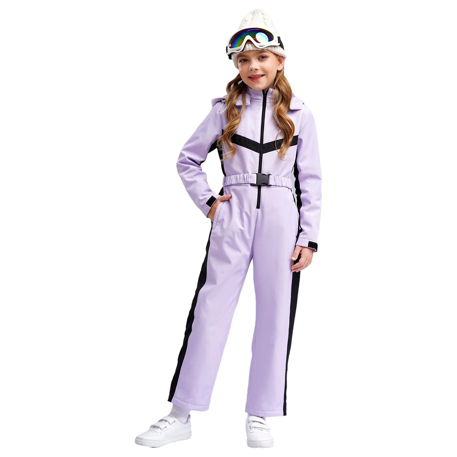 Kids Girls Ski Pants Jumpsuit Hooded Bodysuit Water Resistant Snowsuit with Belt for Outdoor Snow Sports Skiing Snowboarding