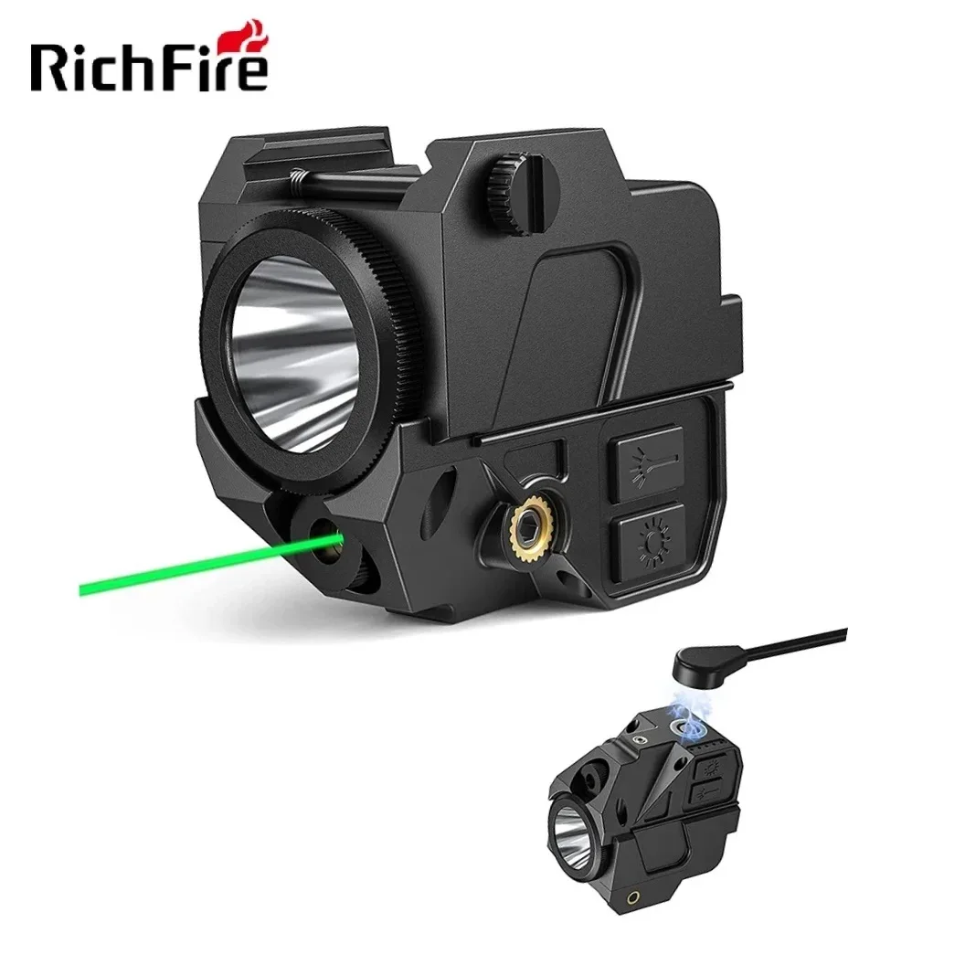 Richfire Tactical Flashlight Green Laser Sight LED Combo Torch Light Compact Magnetic Charging Strobe for Picatinny Rail