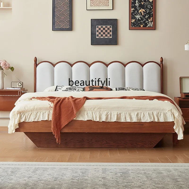 X Solid wood soft bag bed, retro style, log bed master bedroom suspended storage double bed