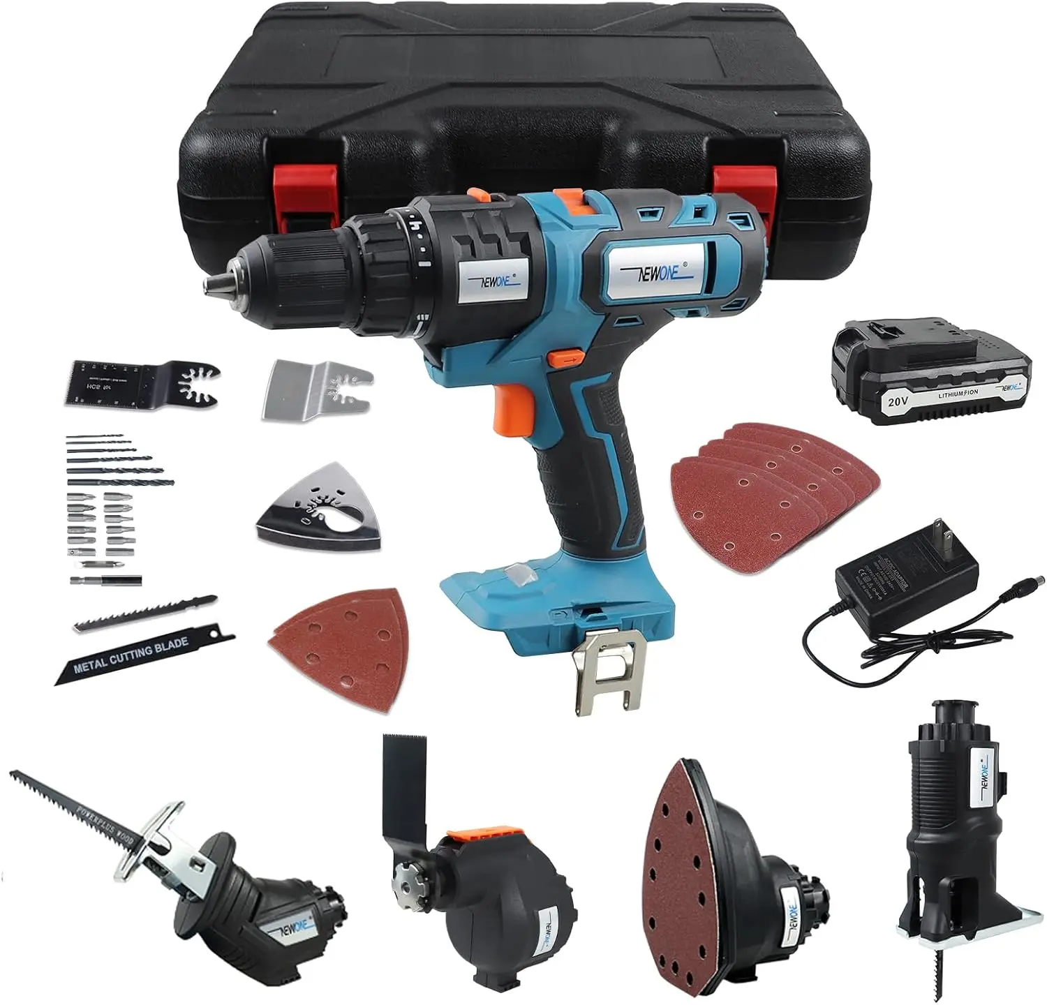 Newone 20V Cordless Combo Kit,5-Tool Tool Combo Kit With Case,Drill,Recip Saw,Jig Saw,Oscillating Tool,Sander With