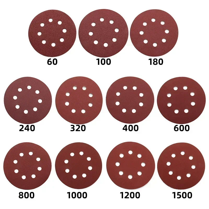 5/10/50/100Pcs 5 Inch 8 Hole Discs Sandpaper 125MM Brushed Piece Air Milled Flocking Sandpaper Self adhesive Polishing Kit